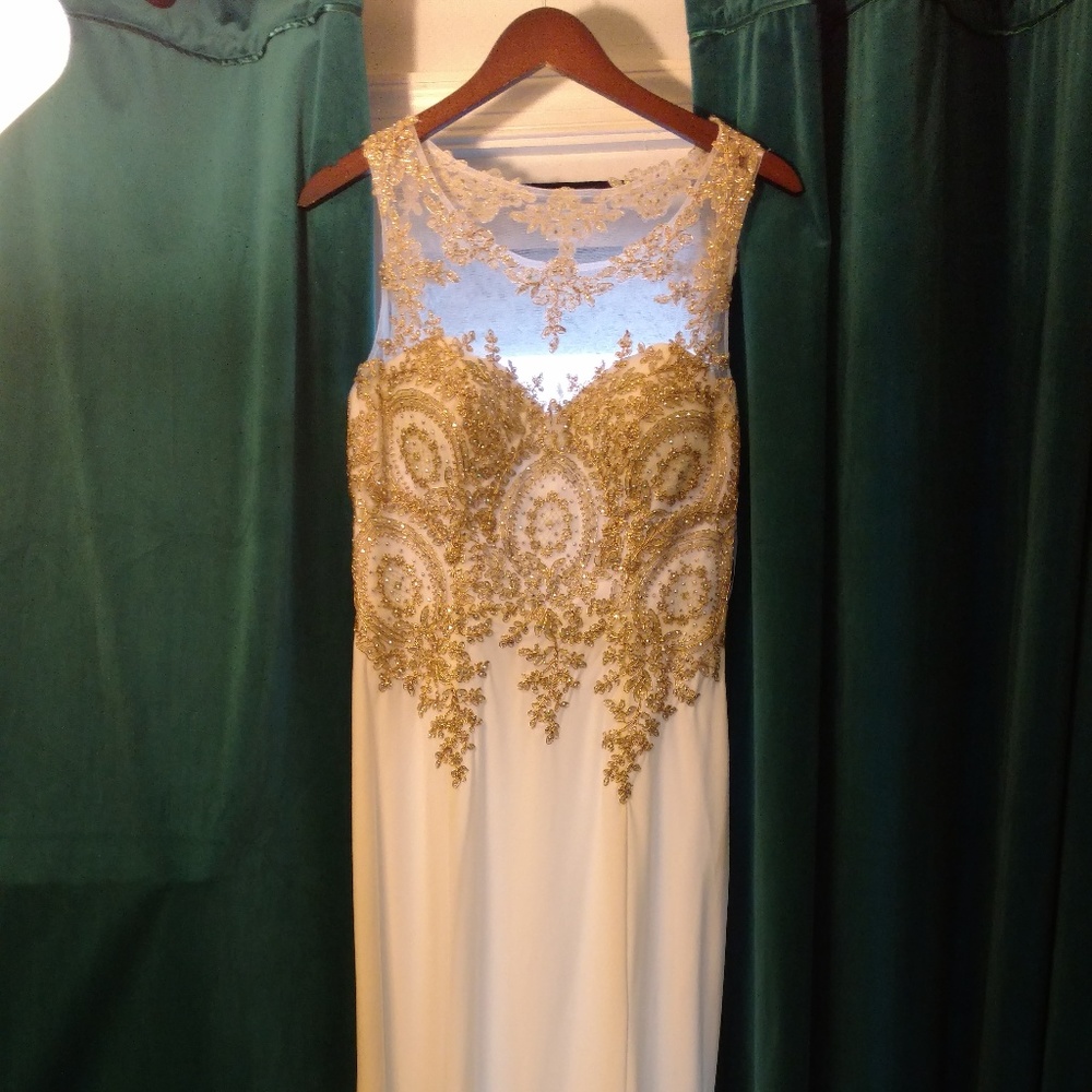 White/Gold Embroidered Mermaid Gown Illusion Back